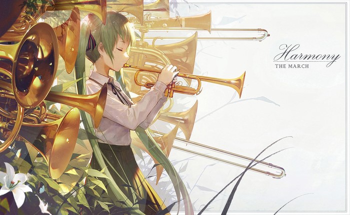 Hatsune Miku playing a trumpet with brass instruments