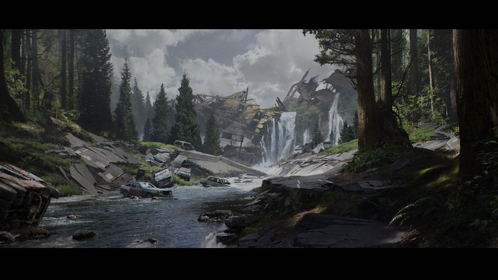 Post-apocalyptic forest with destroyed bridge and waterfall