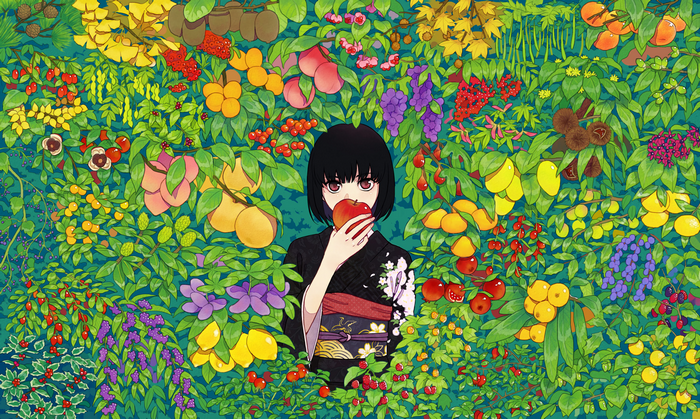 Anime girl in kimono eating an apple surrounded by fruit
