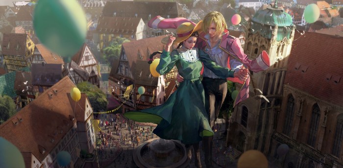 Howl and Sophie from Howl's Moving Castle flying over a town