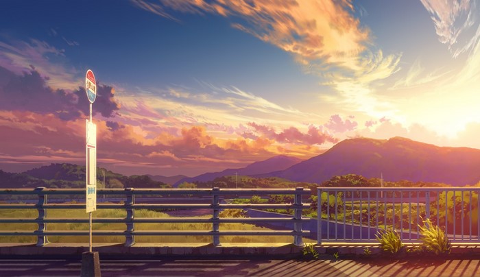 Anime landscape with bus stop at sunset