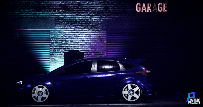 Blue Ford Focus RS in a Garage with Neon Lights