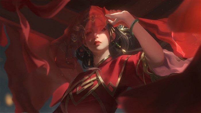 4K Anime Woman in Red Chinese Dress