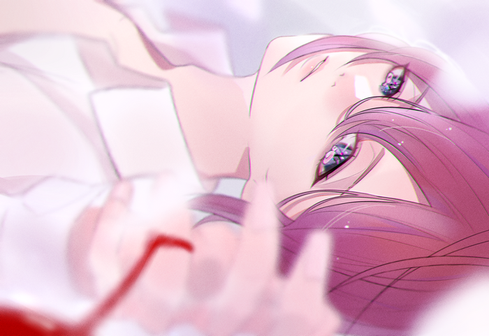 Anime girl with pink hair looking up