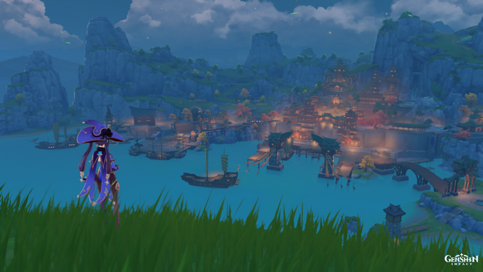 Mona from Genshin Impact overlooking a city at night