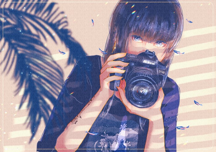 Anime girl with Nikon camera and palm leaf shadow