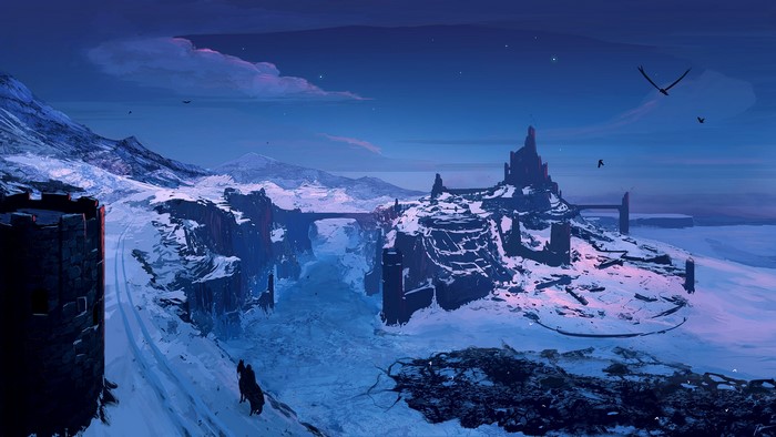 Fantasy winter landscape with ruins and birds