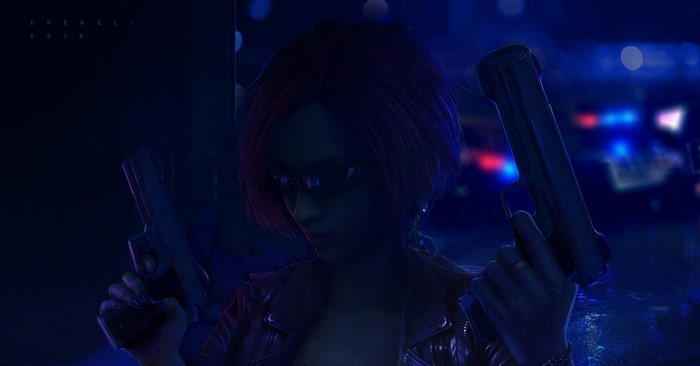 Woman with guns in cyberpunk city at night