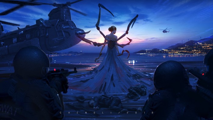 Sci-fi creature and soldiers near a helicopter at dusk