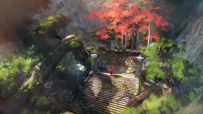 Fantasy art of a red figure on a wooden bridge in a forest