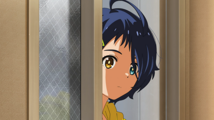 Ai Ooto from Wonder Egg Priority peeking through a door