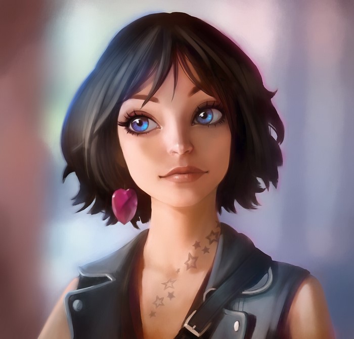 Artwork of a woman with blue eyes and short hair