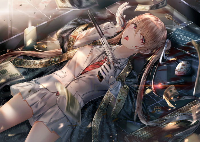Anime girl with gun and money