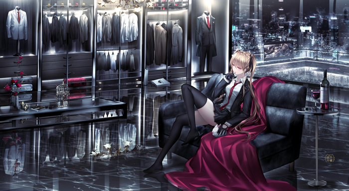 Anime girl with blonde twintails in a suit