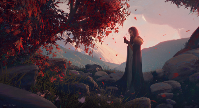 Redhead woman in fur coat under red tree with mountains