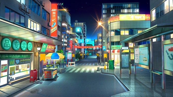 Night street with buildings and stores