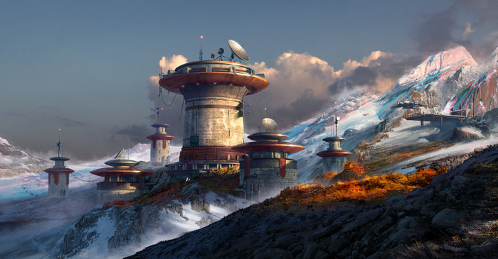Fantasy art of mountain outpost with satellite dishes