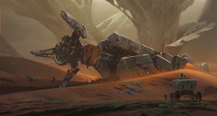 Artwork of a crashed spaceship in a desert landscape