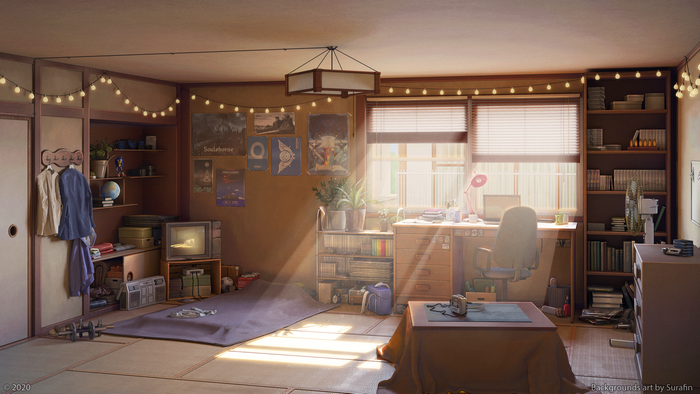 Anime room with posters and sunlight