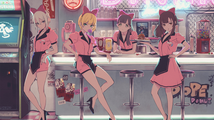 Waitresses in a diner with arcade machine