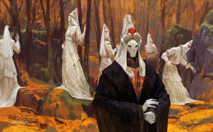 Fantasy art of masked figures in a forest
