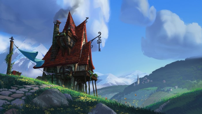 Fantasy house on a hill with mountains
