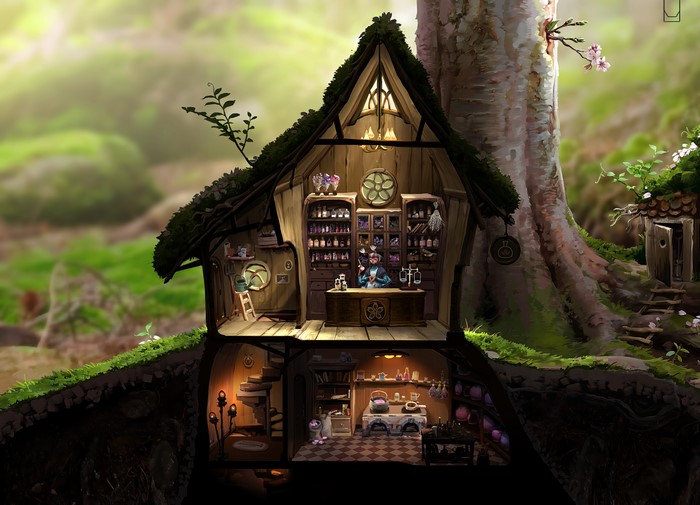 Fantasy apothecary inside a tree stump