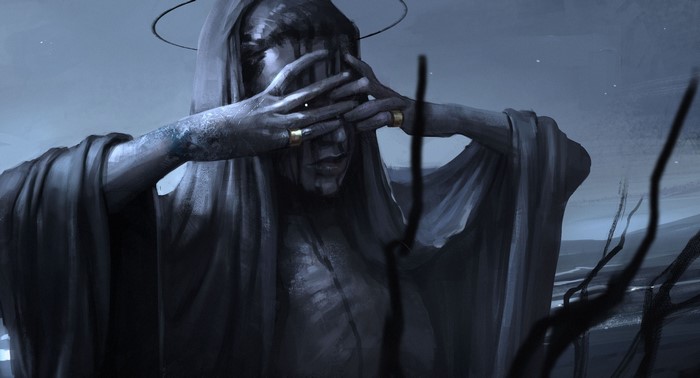 Figure with halo covering face with hands