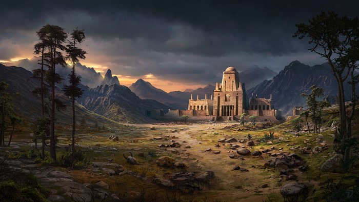 Fantasy castle in a mountainous landscape at sunset