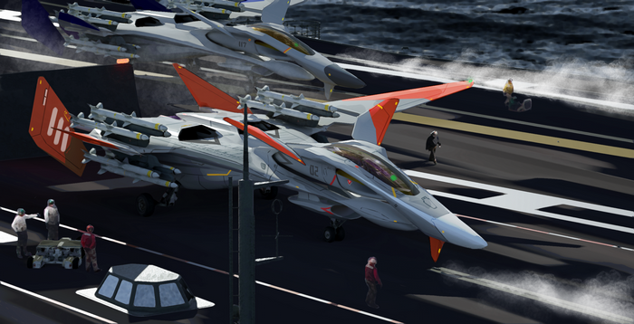 Science fiction jet fighters on an aircraft carrier