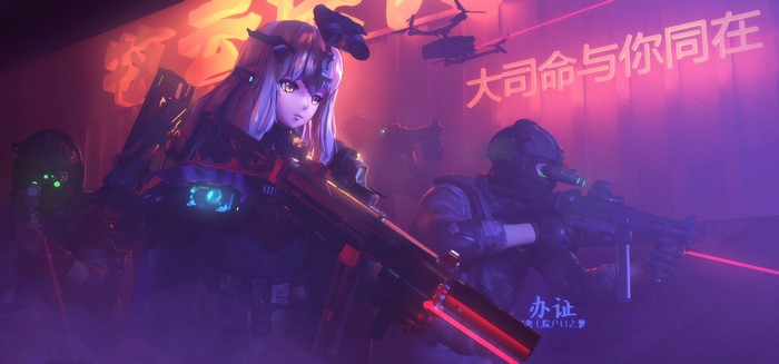 Anime girls and soldiers in sci-fi setting
