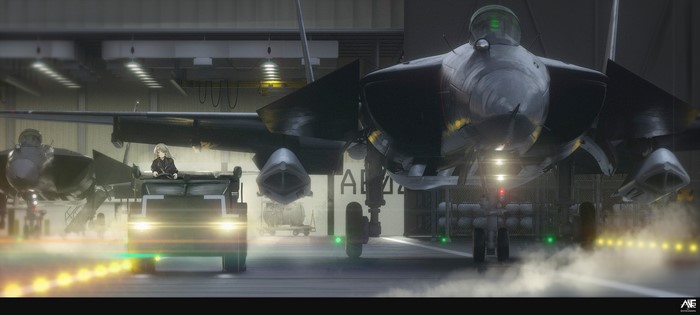 Anime girl in a vehicle with jet fighters in a hangar
