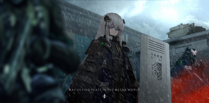 Anime girl in tactical gear with police officer in background