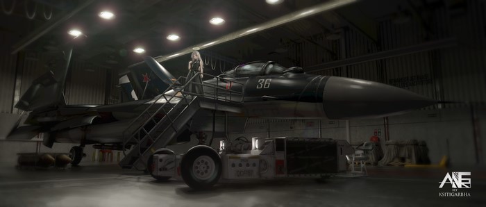 Anime girl on a jet fighter in a hangar