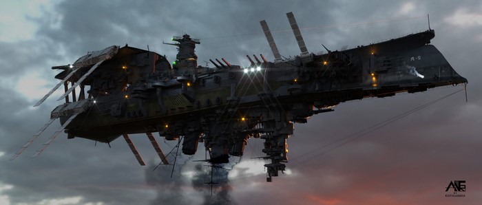 Futuristic spaceship in the sky