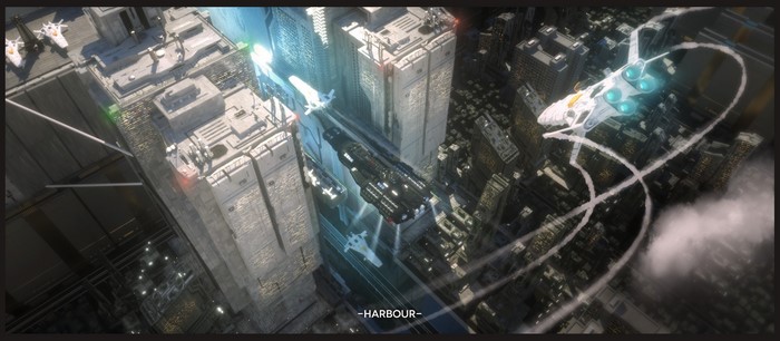 Science fiction city with flying vehicles