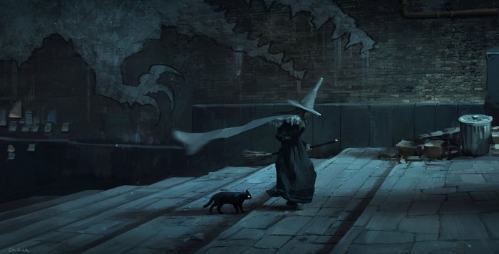 Witch with black cat and broom on stairs
