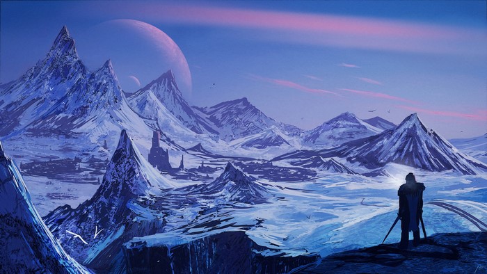Artwork of a lone figure on a snowy planet with mountains and a large moon