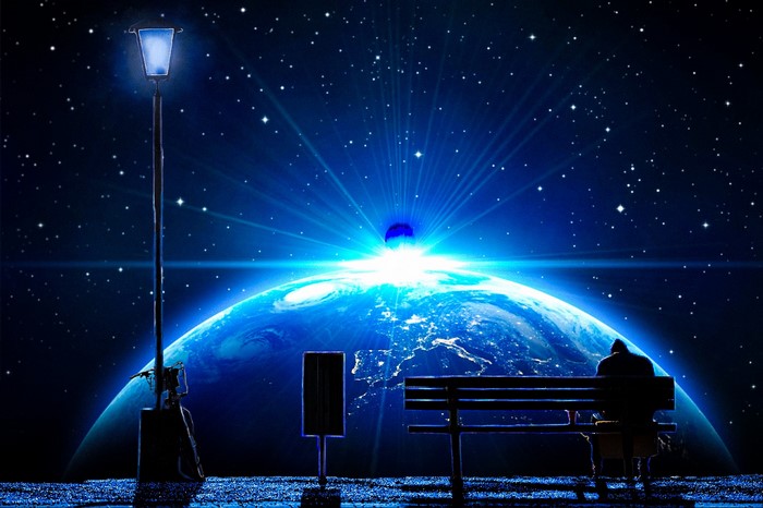 Person on bench watching Earth from space with stars and lantern