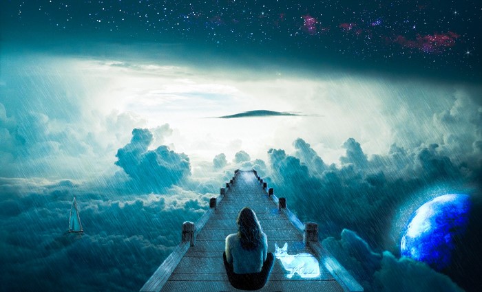 Woman and ghost cat on a bridge in space with planet