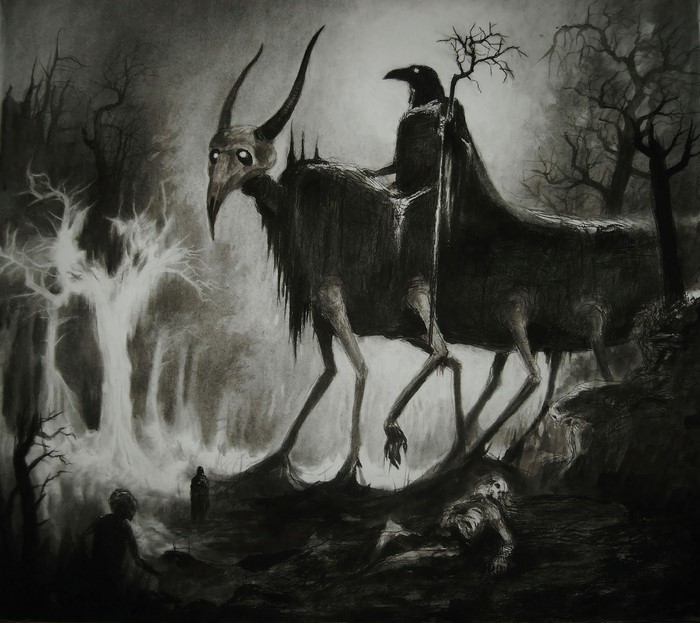 Monochrome painting of a hellish creature with a crow rider