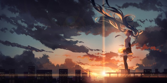 Hatsune Miku from Vocaloid on a rooftop at sunset