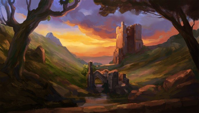 Ruined castle and bridge in a valley at sunset