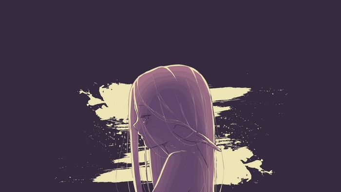 Anime girl with pointy ears on purple background