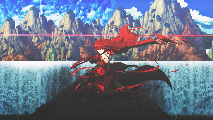 Anime girl with red hair and a gun in front of a waterfall and mountains