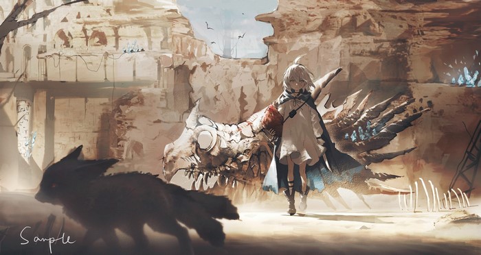 Anime girl with dragon skeleton and creature