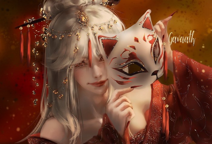 Woman with white hair wearing a Kitsune mask and red kimono