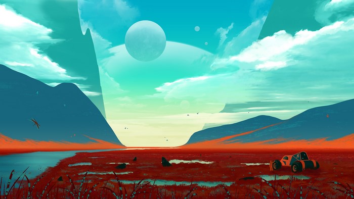 Alien landscape with planets and a vehicle