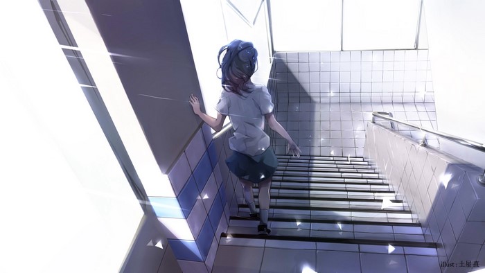 Anime girl walking up tiled stairs