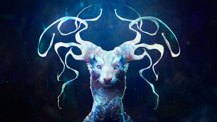 Digital painting of a mystical deer with blue eyes and glowing antlers